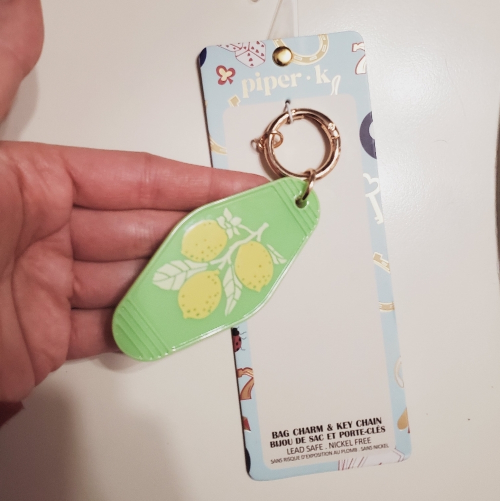 NWT Piper K Keychain / Bag Charm Lemon Print. Neon Green, Yellow.